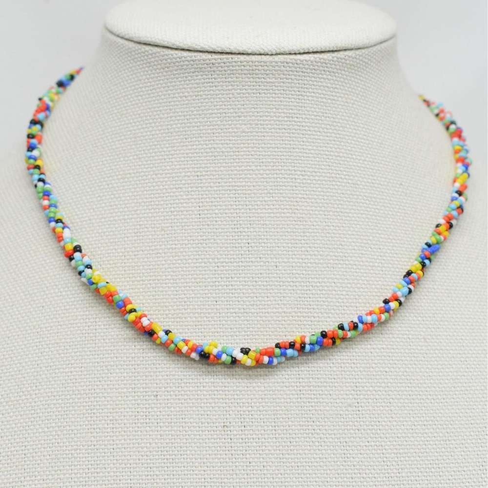 Vintage Seed Bead Twisted Rope Necklace Choker Multicolor Boho Western Festival